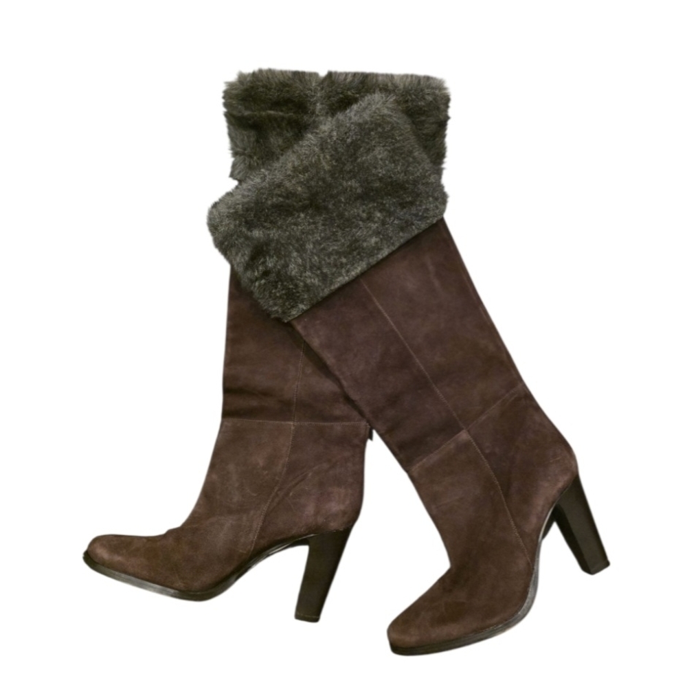 Elegant Fur-Trimmed Heeled Knee High Boots in Dark Brown